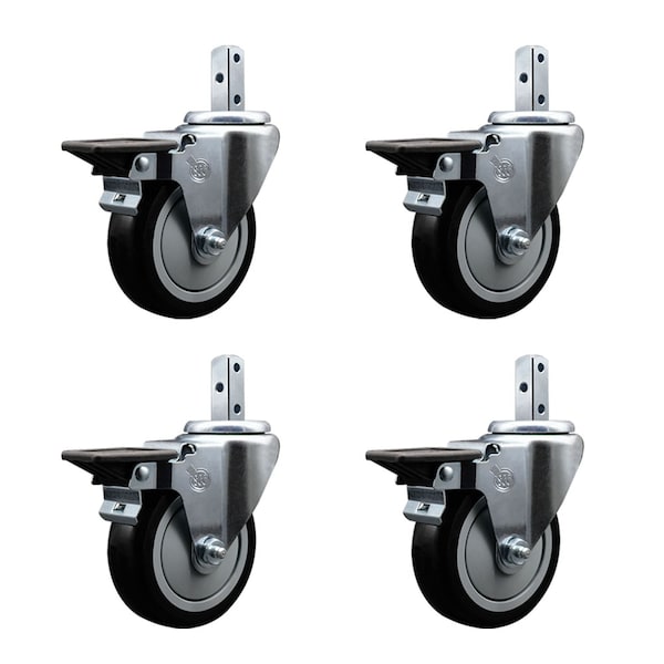 Service Caster 4'' Black Poly Wheel Swivel 7/8'' Square Stem Caster Set with Brake, 4PK SCC-SQ20S414-PPUB-BLK-PLB-78-4 - main